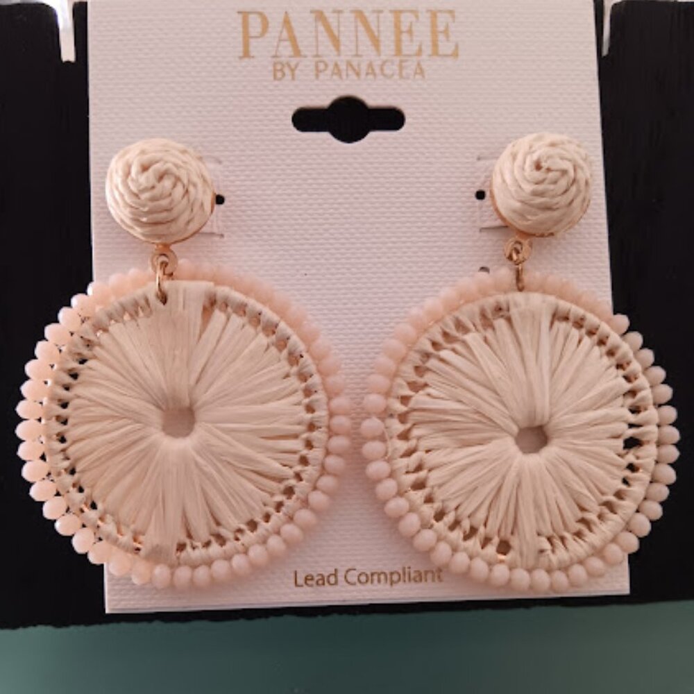 PANNEE By PANACEA Boho Chic Cream/Beige Rattan & Beaded Circle Drop Earrings~NEW